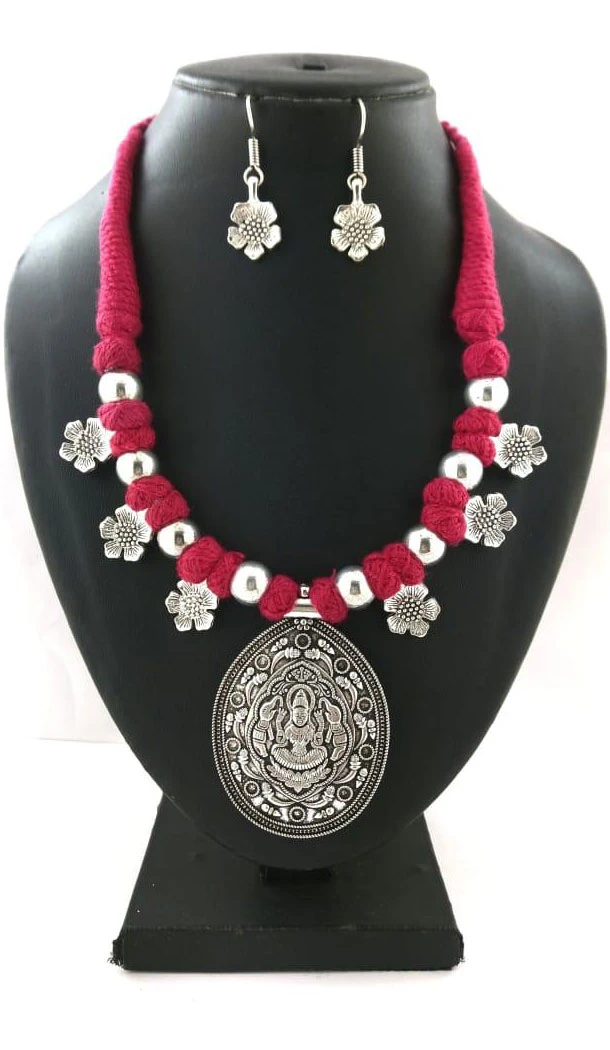 Exquisite Oxidized German Silver Thread Neck Less Set With Earring - 454155730
