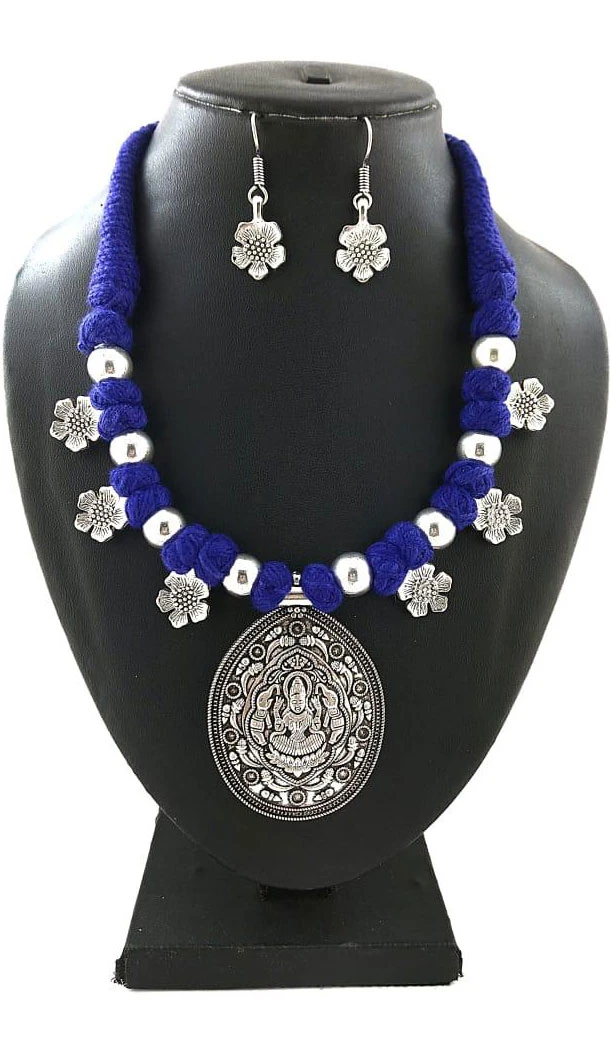 Oxidized German Silver Thread Neck Less Set With Earring - 454155732