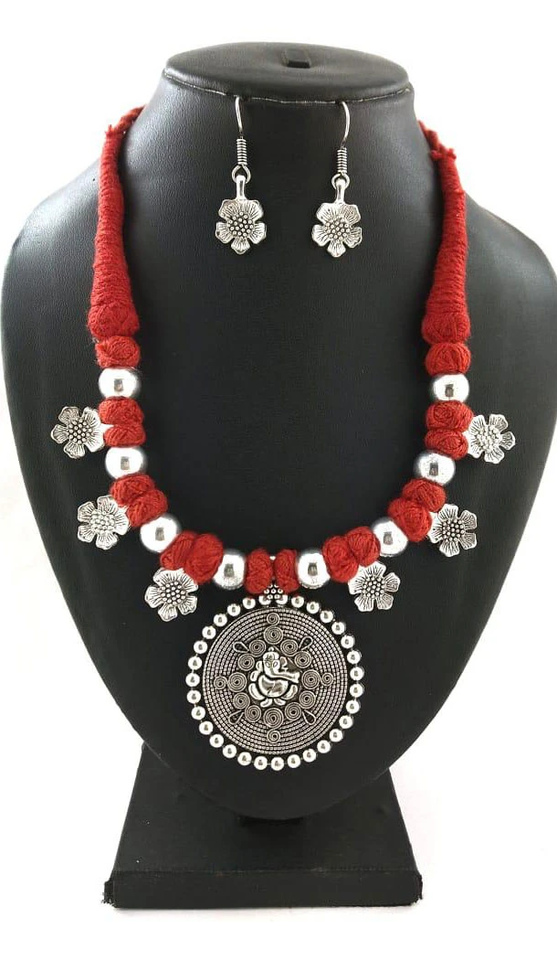 Oxidized German Silver Thread Neck Less Set With Earring - 454155733