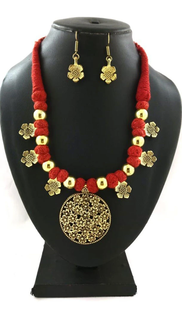 Oxidized German Silver Thread Neck Less Set With Earring - 454155734