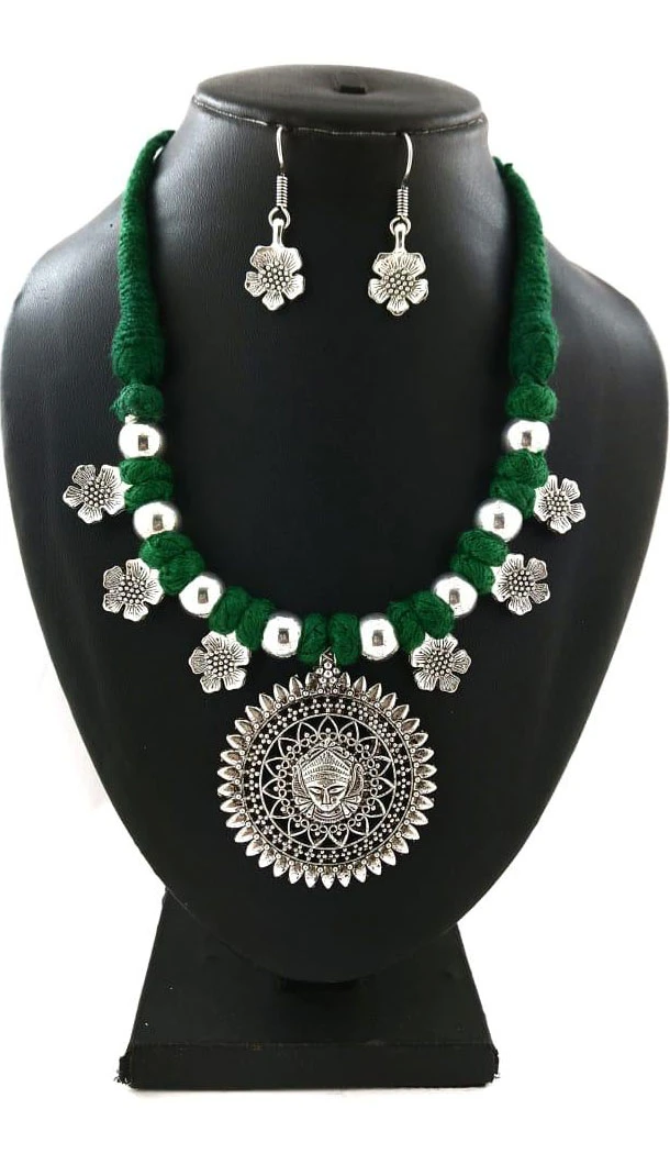 Oxidized German Silver Thread Neck Less Set With Earring - 454155735