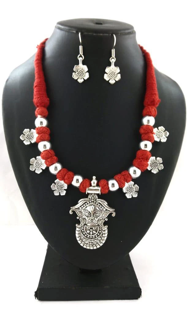 Oxidized German Silver Thread Neck Less Set With Earring - 454155736