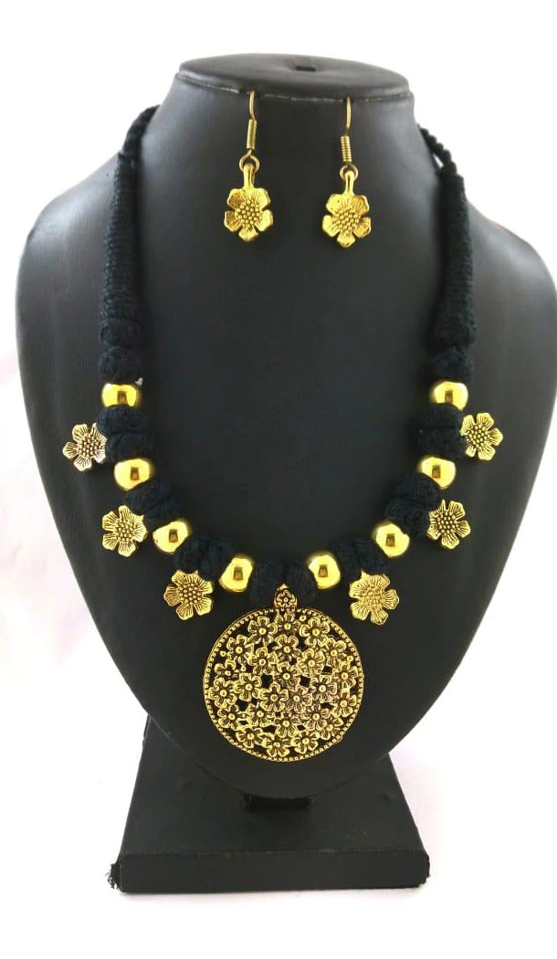 Oxidized German Silver Thread Neck Less Set With Earring - 454155737