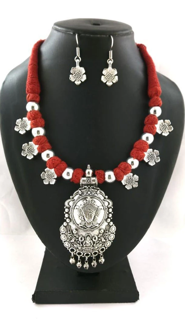 Oxidized German Silver Thread Neck Less Set With Earring - 454155738
