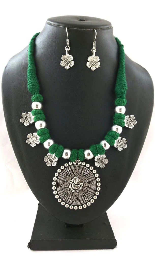 Oxidized German Silver Thread Neck Less Set With Earring - 454155739