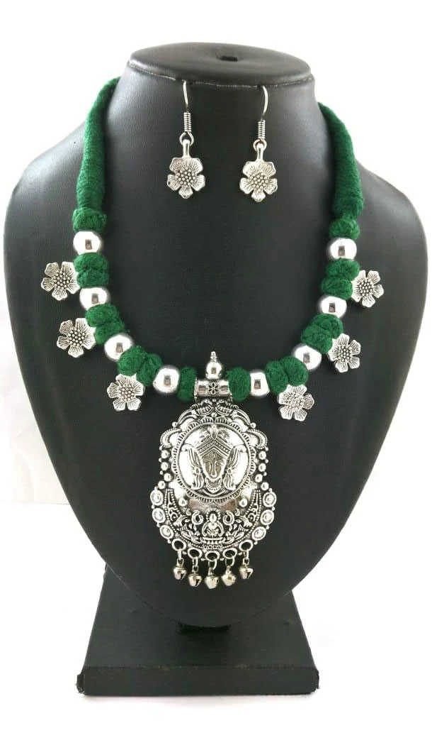 Oxidized German Silver Thread Neck Less Set With Earring - 454155740