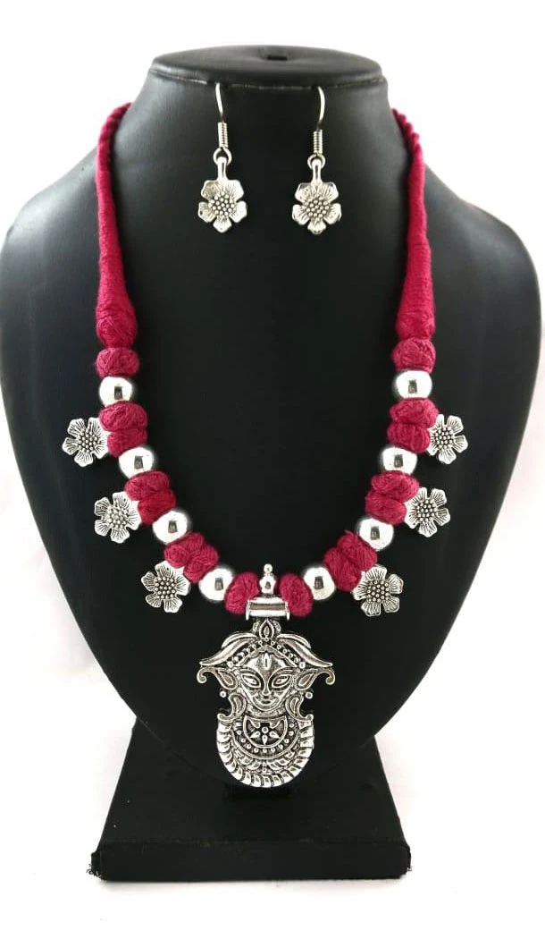 Oxidized German Silver Thread Neck Less Set With Earring - 454155741