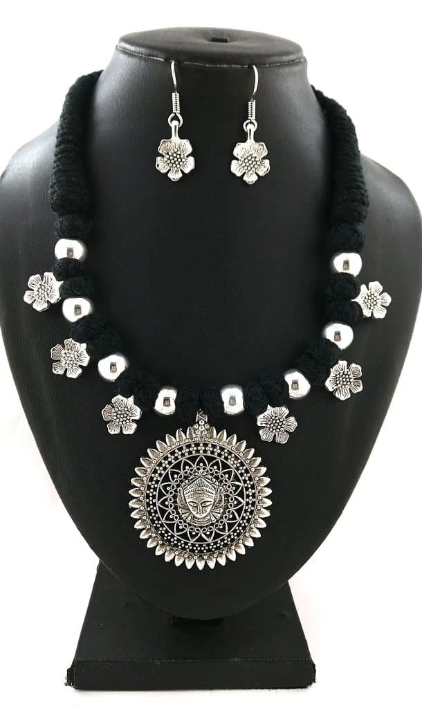 Oxidized German Silver Thread Neck Less Set With Earring - 454155742