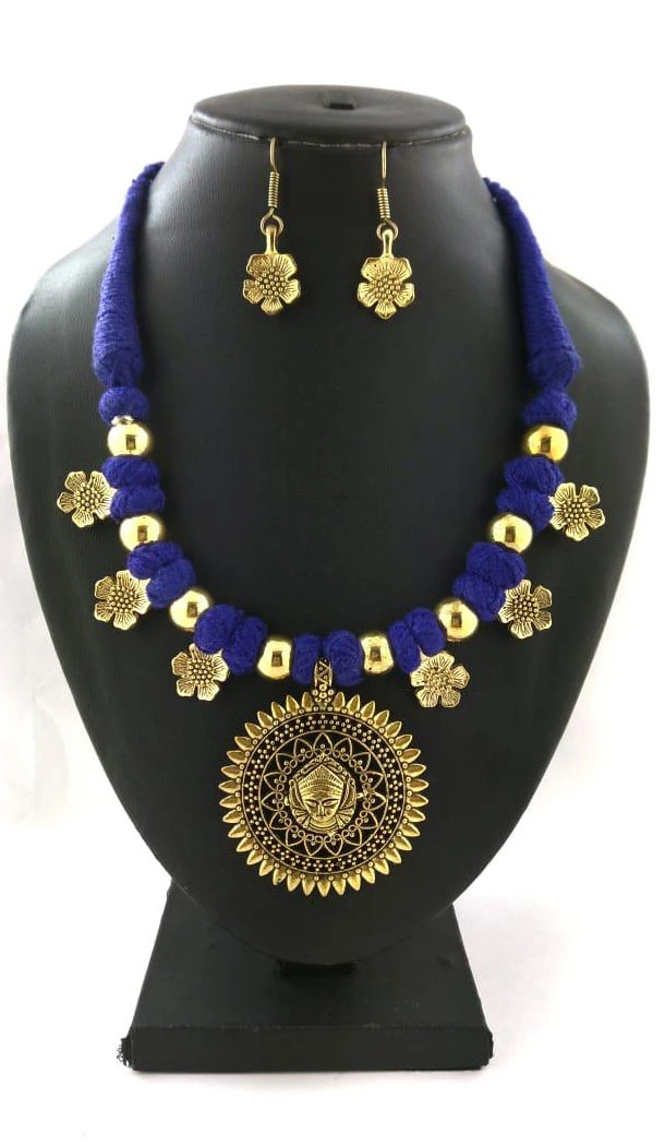 Oxidized German Silver Thread Neck Less Set With Earring - 454155743