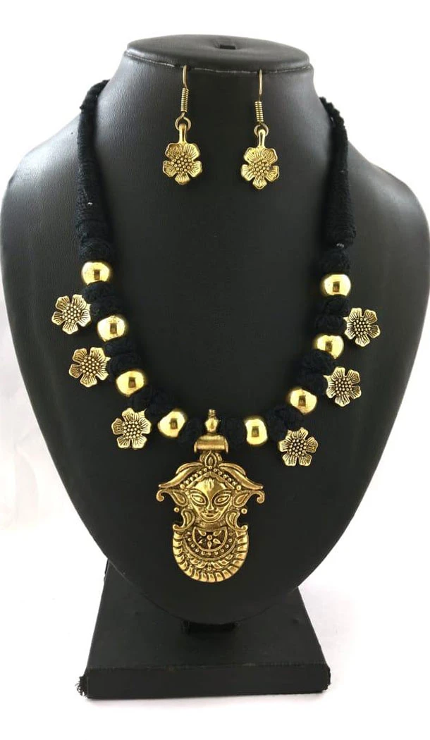 Oxidized German Silver Thread Neck Less Set With Earring - 454155744