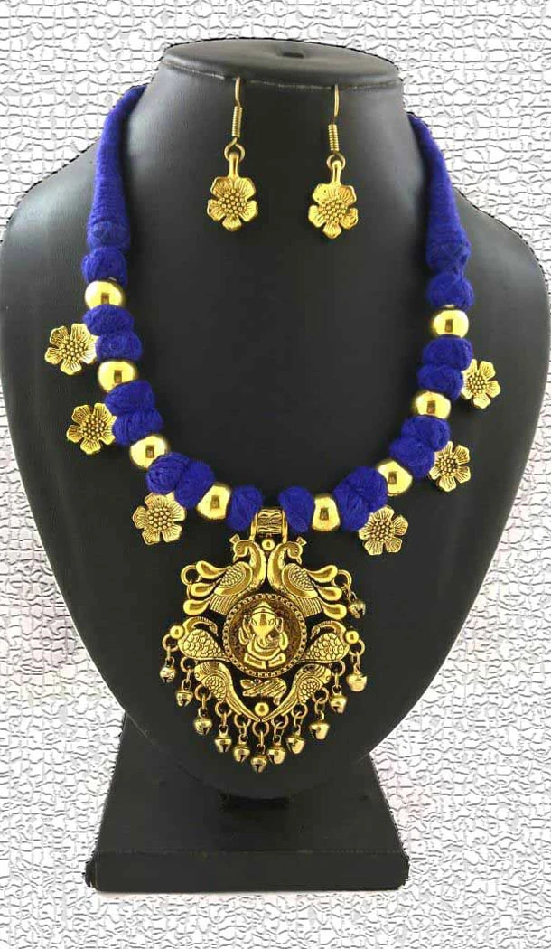 Oxidized German Silver Thread Neck Less Set With Earring - 454155745