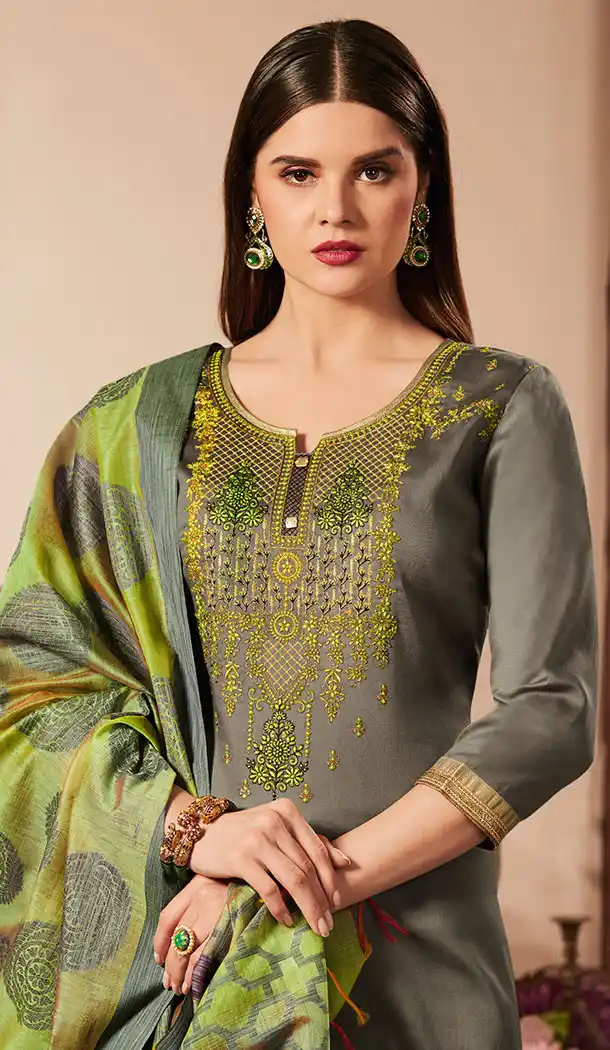 Grey Color Pure Jam Silk Cotton Casual Wear Churidar Kameez - 455655876