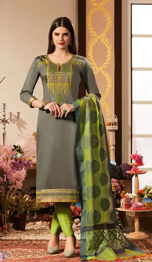 Grey Color Pure Jam Silk Cotton Casual Wear Churidar Kameez - 455655876
