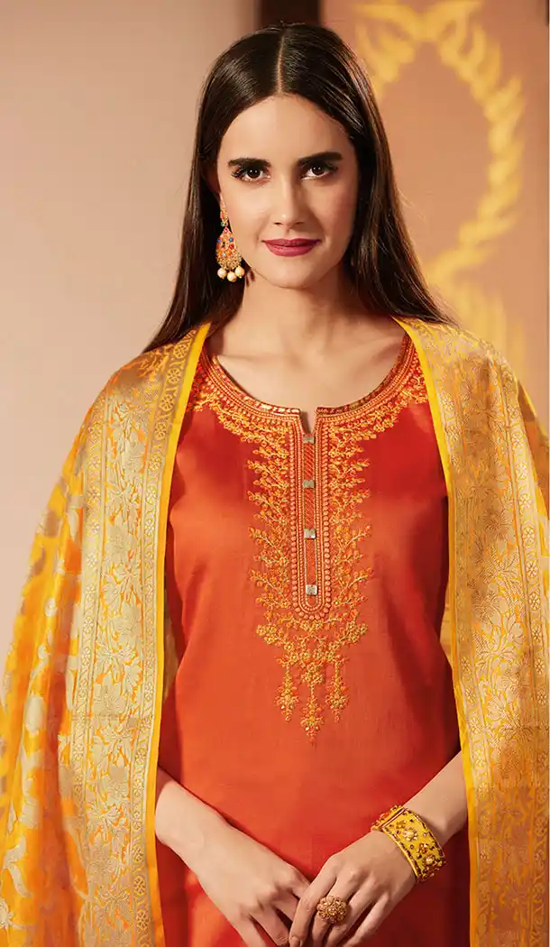 Orange Color Pure Jam Silk Cotton Casual Wear Churidar Kameez - 455655877