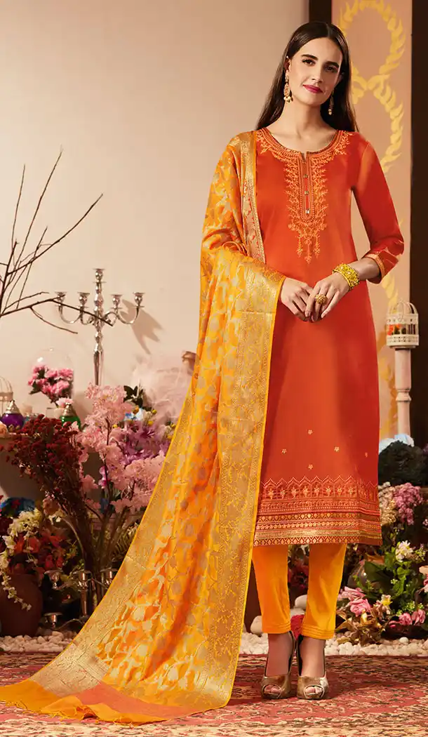 Orange Color Pure Jam Silk Cotton Casual Wear Churidar Kameez - 455655877