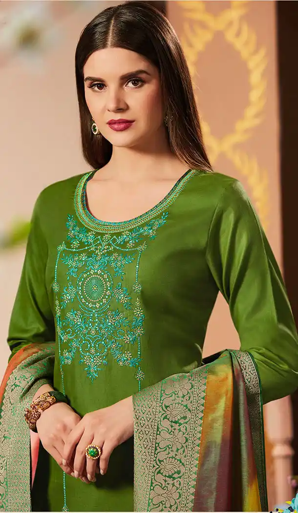 Mehendi Green Color Pure Jam Silk Cotton Casual Wear Churidar Kameez - 455655878