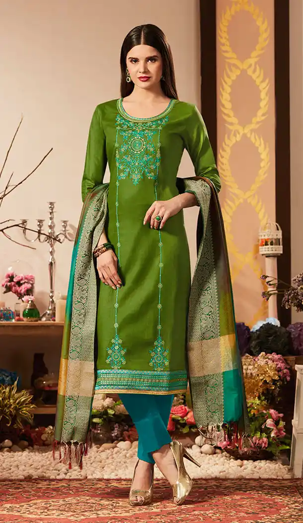 Mehendi Green Color Pure Jam Silk Cotton Casual Wear Churidar Kameez - 455655878
