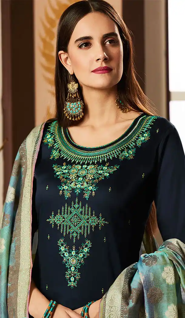 Navy Blue Color Pure Jam Silk Cotton Casual Wear Churidar Kameez - 455655879