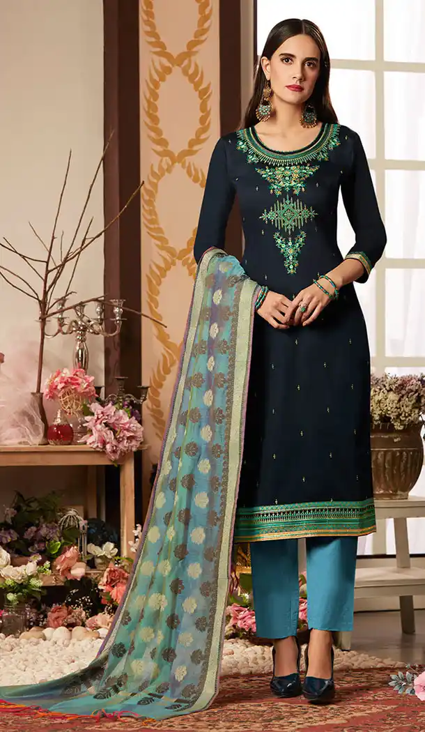 Navy Blue Color Pure Jam Silk Cotton Casual Wear Churidar Kameez - 455655879