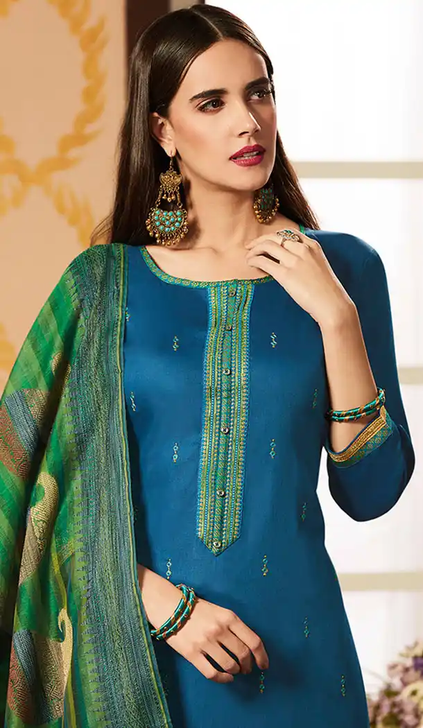 Blue Color Pure Jam Silk Cotton Casual Wear Churidar Kameez - 455655880