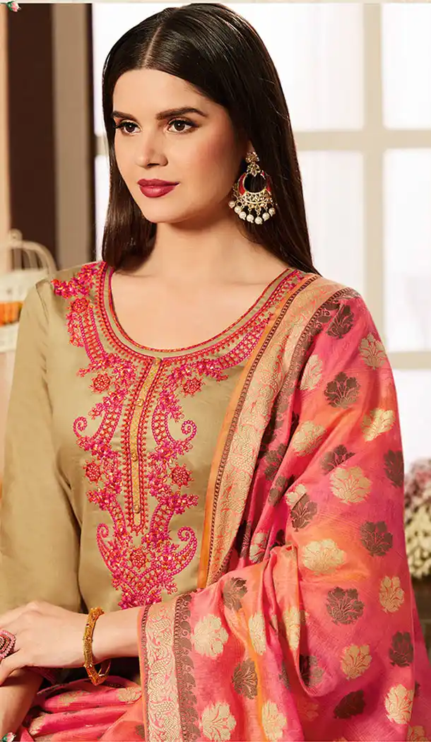 Beige Color Pure Jam Silk Cotton Casual Wear Churidar Kameez - 455655882
