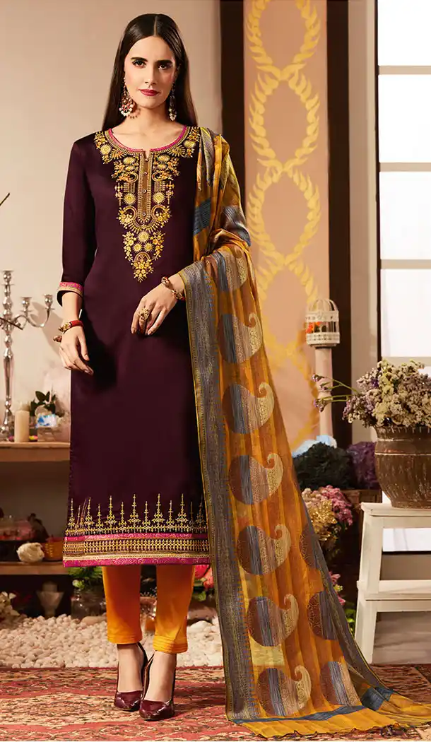 Wine Color Pure Jam Silk Cotton Casual Wear Churidar Kameez - 455655883