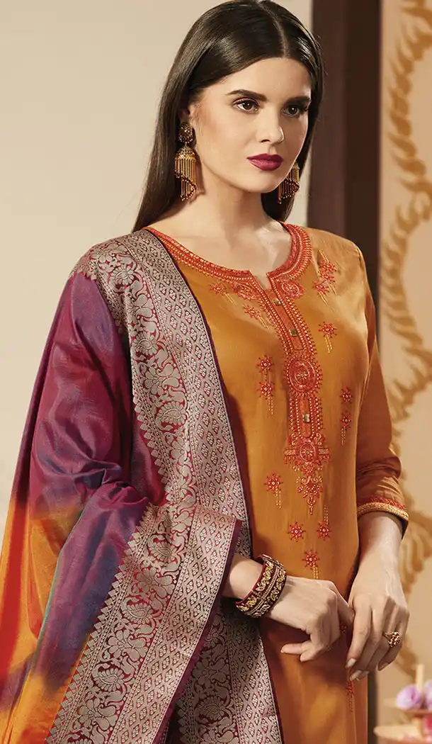 Two Tone Copper Color Pure Jam Silk Cotton Casual Wear Churidar Kameez - 455655885