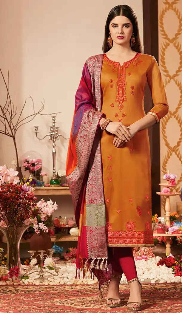 Two Tone Copper Color Pure Jam Silk Cotton Casual Wear Churidar Kameez - 455655885