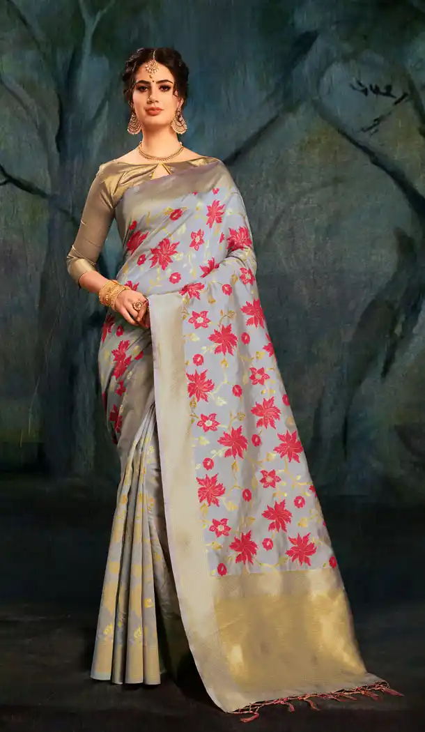 Grey Color Banarasi Silk Traditional Saree - 452655507