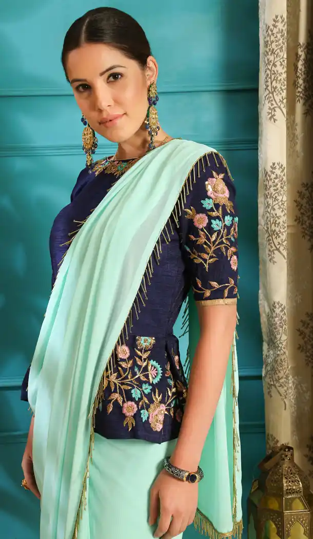 Turquoise Blue Color Pure Georgette Party Wear Saree Blouse - 458256445