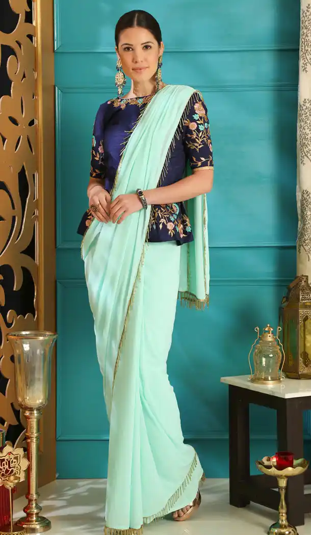Turquoise Blue Color Pure Georgette Party Wear Saree Blouse - 458256445