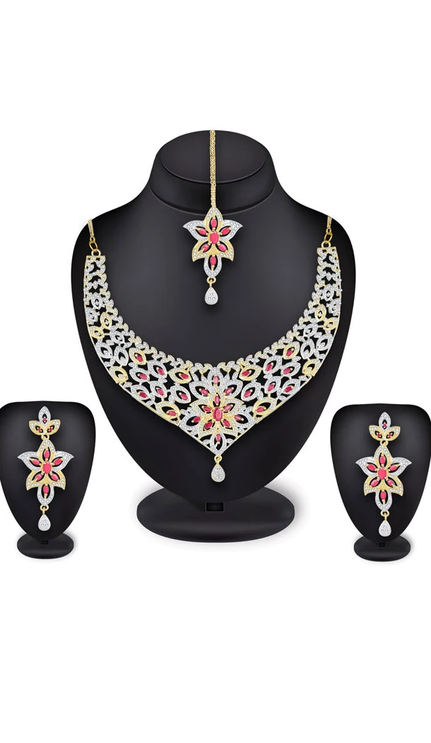 Golden Color Alloy American Diamond Necklace Set - 461756840