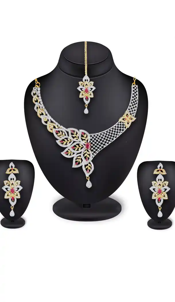 Vivacious Golden Color Alloy American Diamond Necklace Set - 461756841