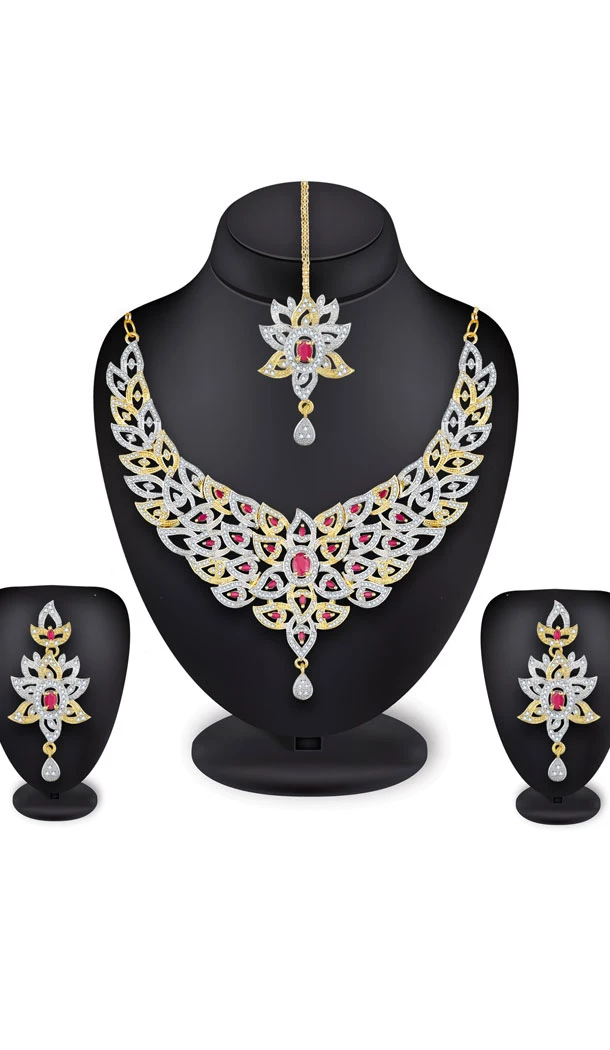 Golden Color Alloy American Diamond Necklace Set - 461756842