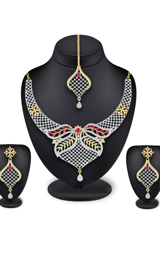 Exquisite Golden Color Alloy American Diamond Necklace Set - 461756843