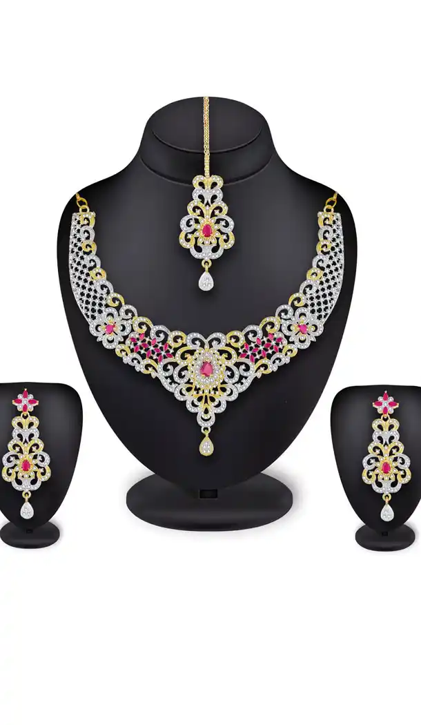 Adorable Exquisite Golden Color Alloy American Diamond Necklace Set - 461756844