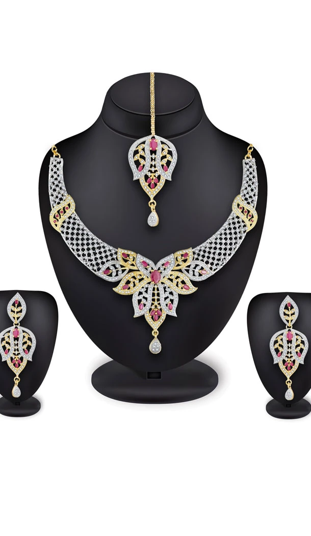 Splendorous Golden Color Alloy American Diamond Necklace Set - 461756845