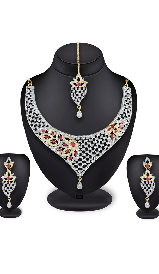 Exotic Golden Color Alloy American Diamond Necklace Set - 461756846
