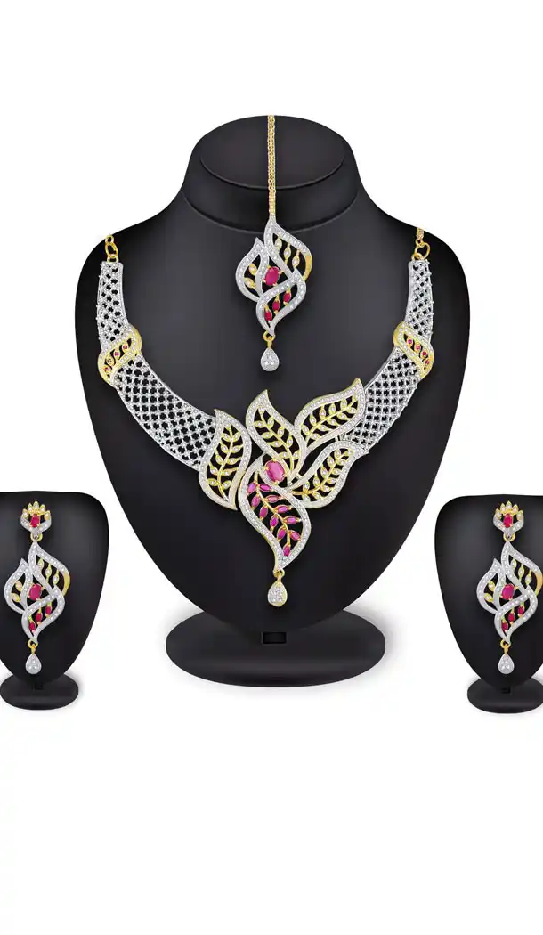 Attractive Golden Color Alloy American Diamond Necklace Set - 461756848