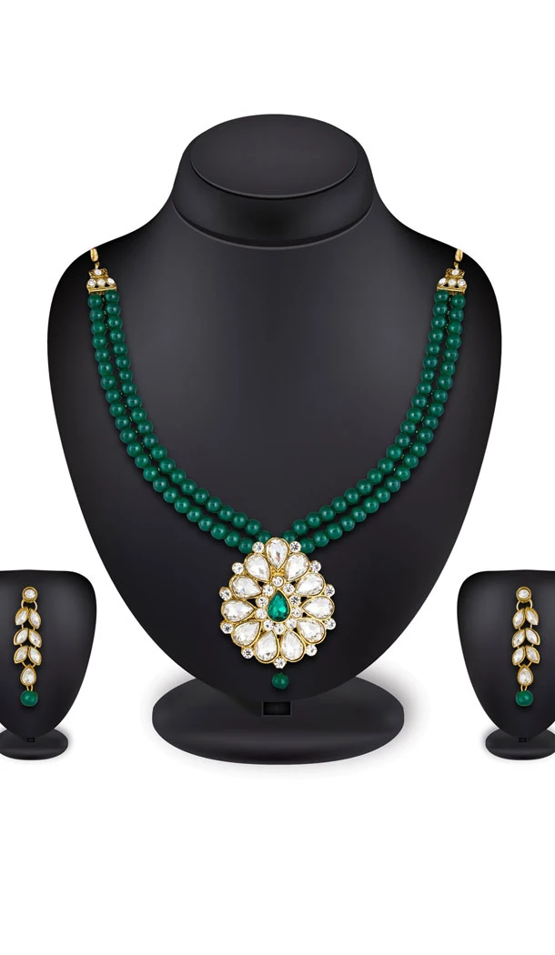 Magnificent Green Color Moti Pendant Necklace Jewellery Set - 461756860
