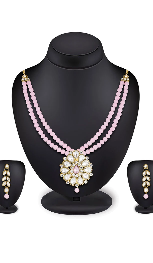 Fancy Rose Color Moti Pendant Necklace Jewellery Set - 461756861