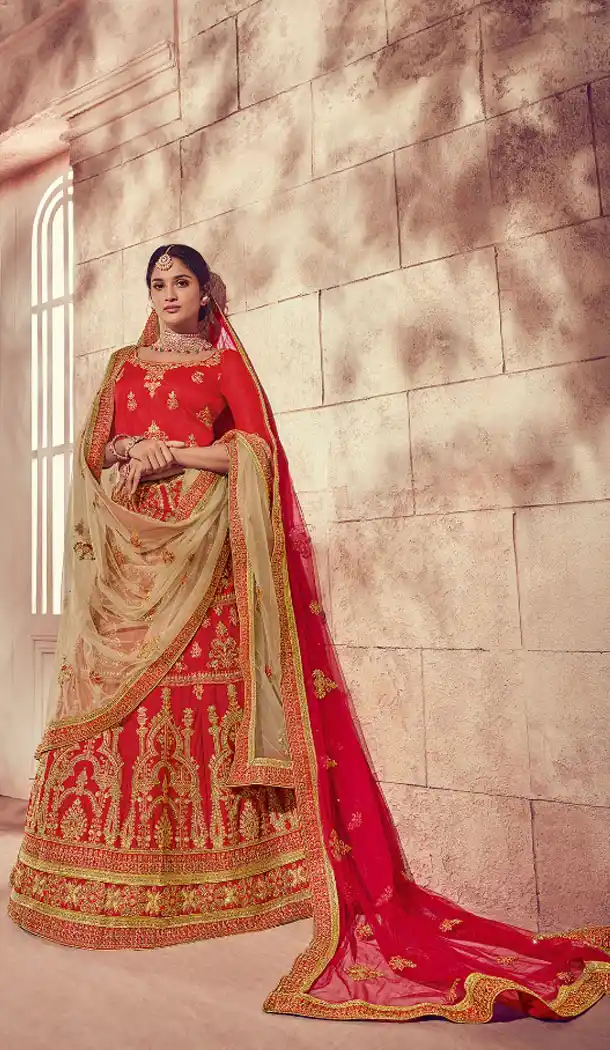 Stylish Red Color Silk Heavy Embroidery Plus Size Lehenga Choli Women - 459056520