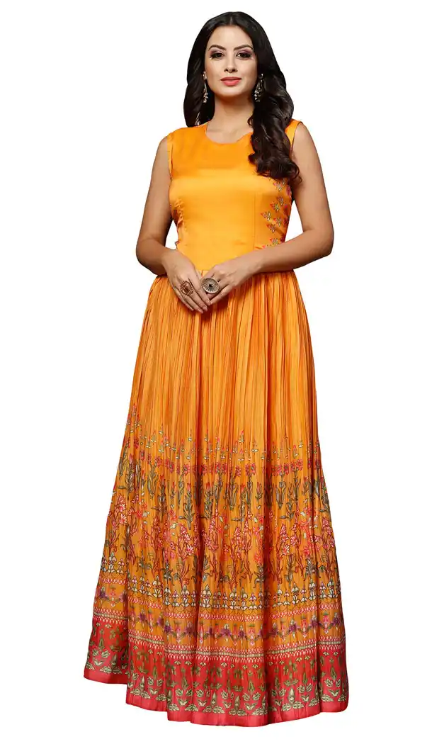 Orange Color Dilux Silk Party Wear Readymade Gown - 462657002