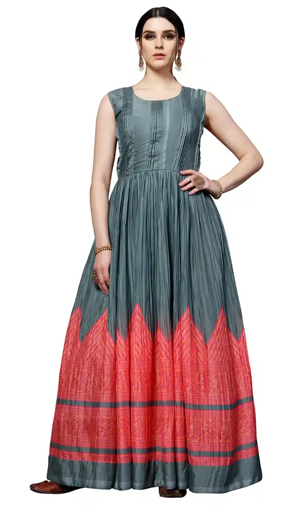 Dark Grey Color Dilux Silk Party Wear Readymade Gown - 462657003