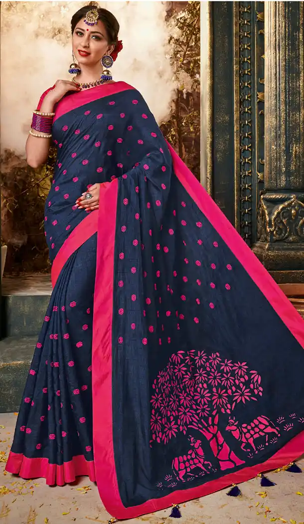 Blue Color Silk Embroidery Party Wear Plus Size Sari Blouse - 462757006