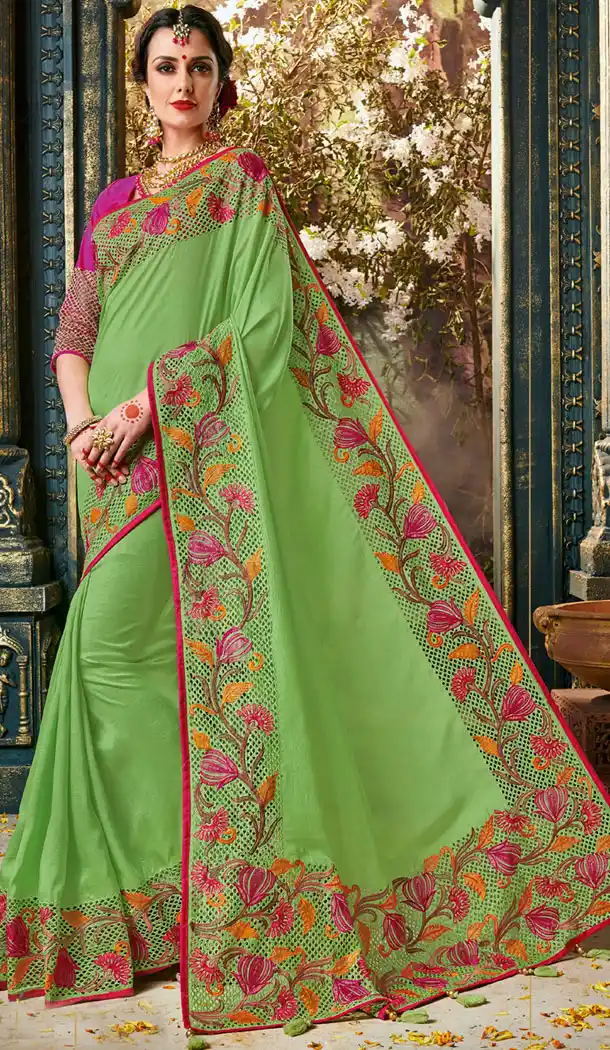 Green Color Silk Embroidery Party Wear Plus Size Sari Blouse - 462757009