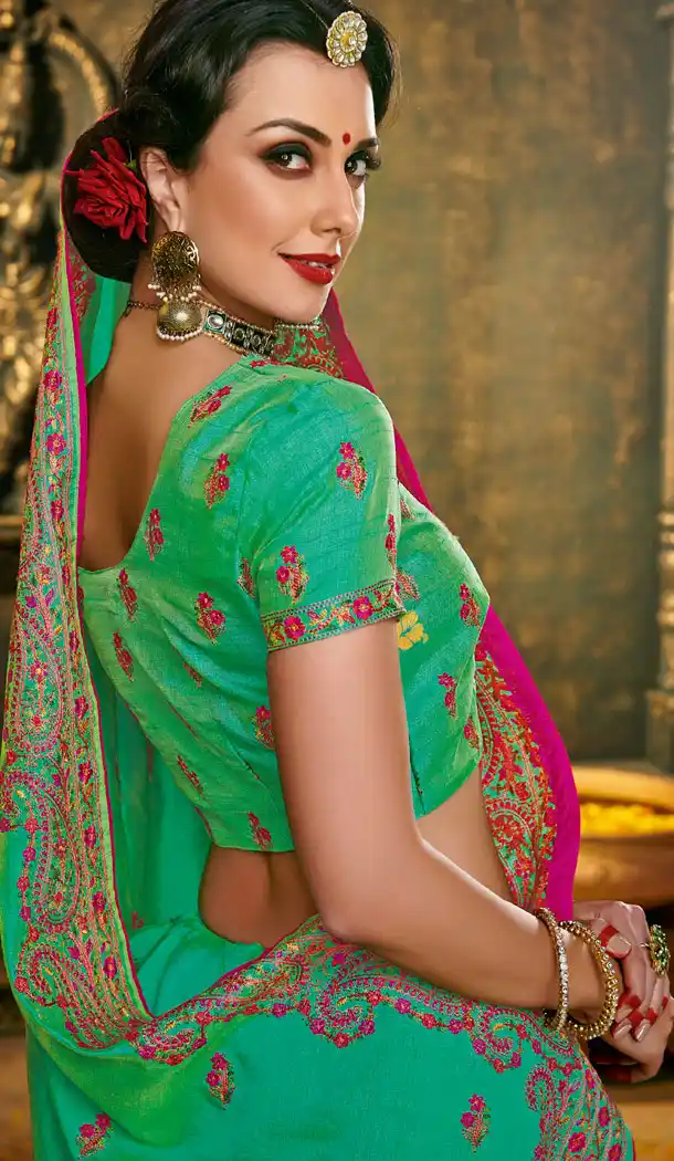 Green Color Silk Embroidery Party Wear Plus Size Sari Blouse - 462757010