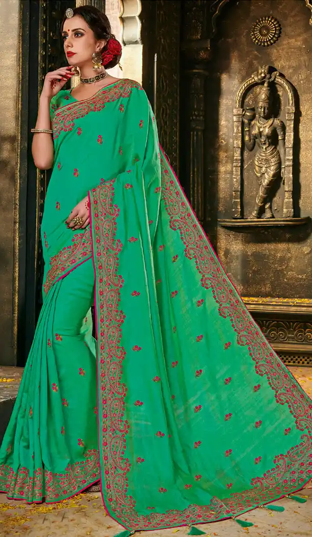 Green Color Silk Embroidery Party Wear Plus Size Sari Blouse - 462757010