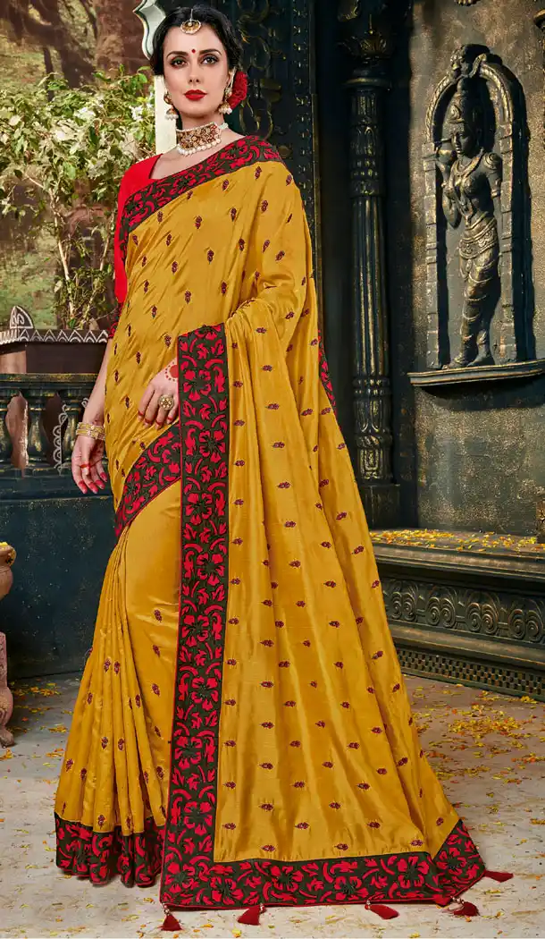 Golden Color Silk Embroidery Party Wear Plus Size Sari Blouse - 462757011