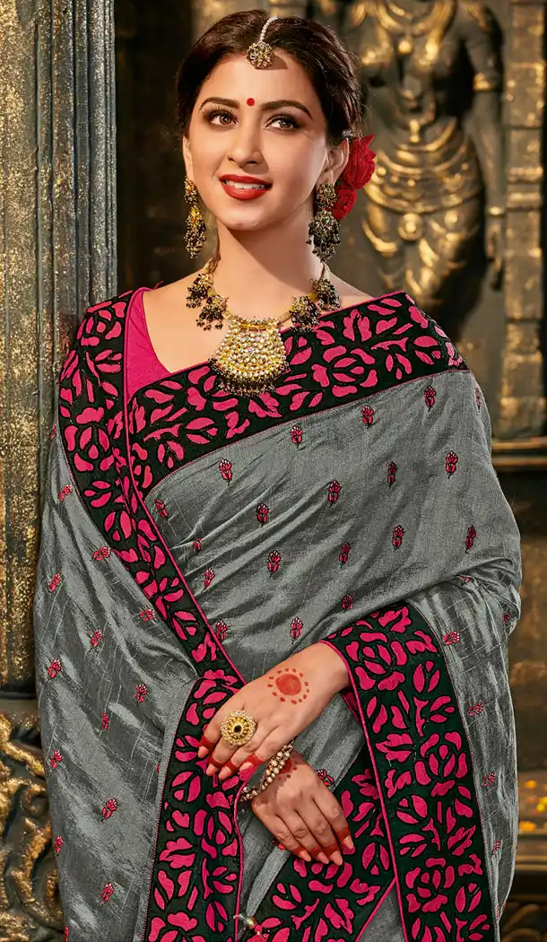 Grey Color Silk Embroidery Party Wear Plus Size Sari Blouse - 462757013